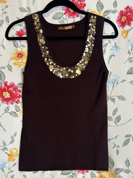 Belldini Tops - BELLDINI BROWN RIBBED TANK WITH GOLD SEQUIN NECKLINE WOMENS SIZE L